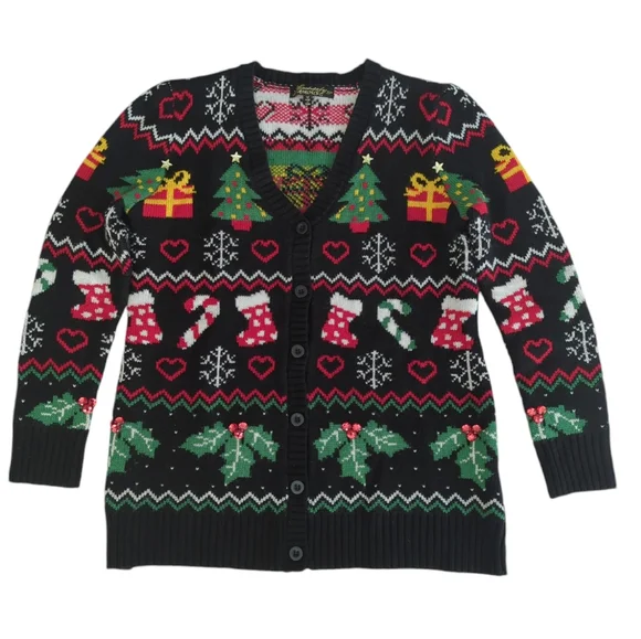 Absolutely Famous Button Up Acrylic Cardigan Christmas Sweater MEDIUM Black Red - Picture 1 of 16